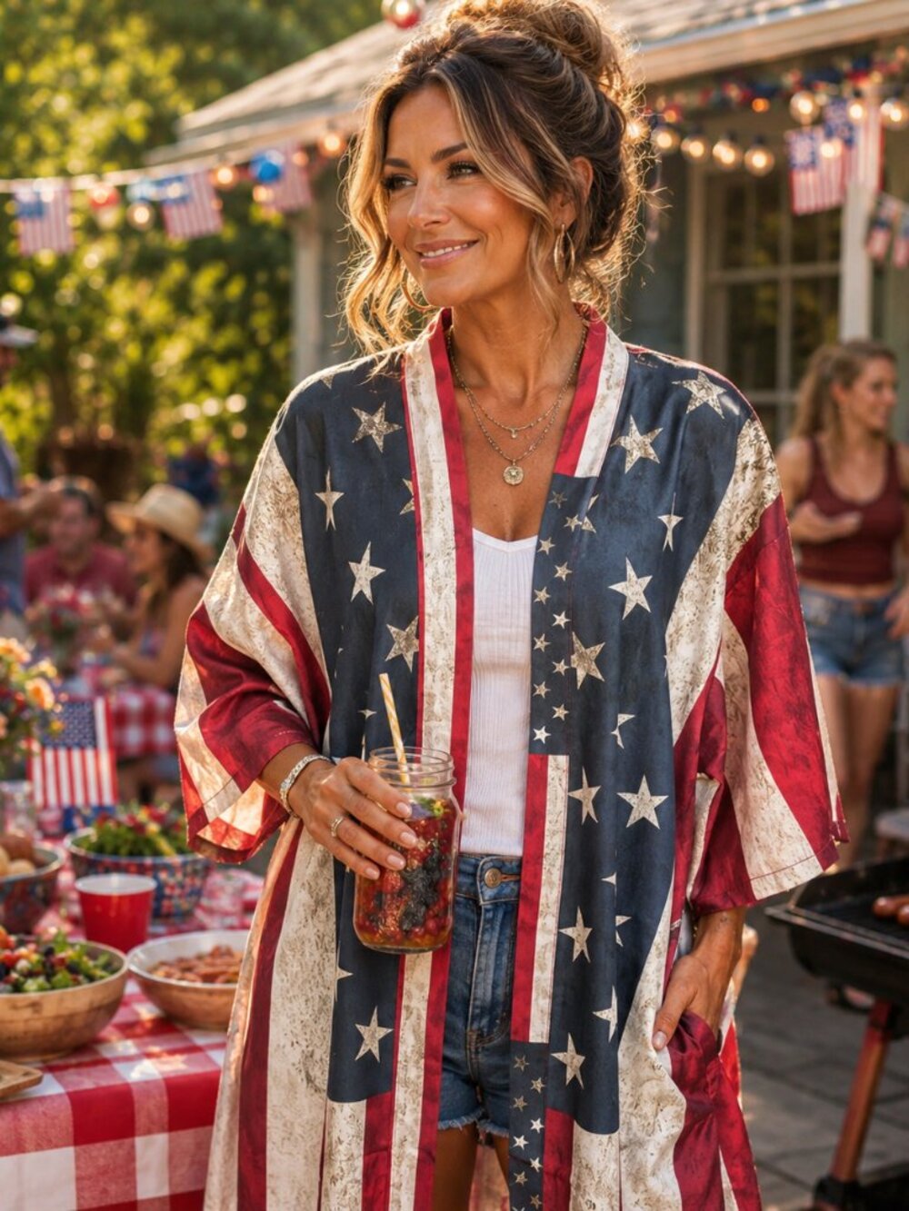 Patriotic Stars and Stripes Kimono Duster USA Jacket America 250!